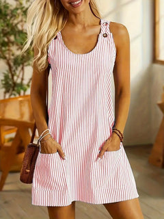 Summer Fashion Striped Patchwork Commuting U-Neck Sleeveless Pockets Back Button Casual Straight Slimming Mini Dress For Women