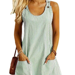 Summer Fashion Striped Patchwork Commuting U-Neck Sleeveless Pockets Back Button Casual Straight Slimming Mini Dress For Women