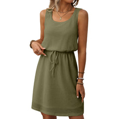 Square Collar Drawstring Sleeveless Vest Dress With Lining