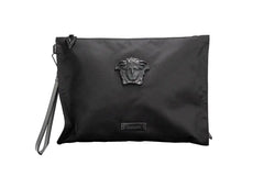 Versace Large Black Nylon Medusa Convertible Pouch Clutch