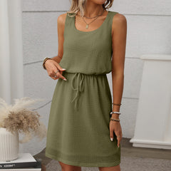 Square Collar Drawstring Sleeveless Vest Dress With Lining