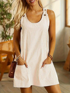 Summer Fashion Striped Patchwork Commuting U-Neck Sleeveless Pockets Back Button Casual Straight Slimming Mini Dress For Women