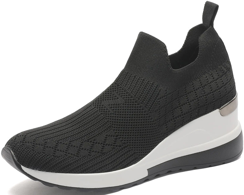 YZ High Heel Black Wedge Sneakers for Women Knit Upper Breathable Shoes (Black 6)