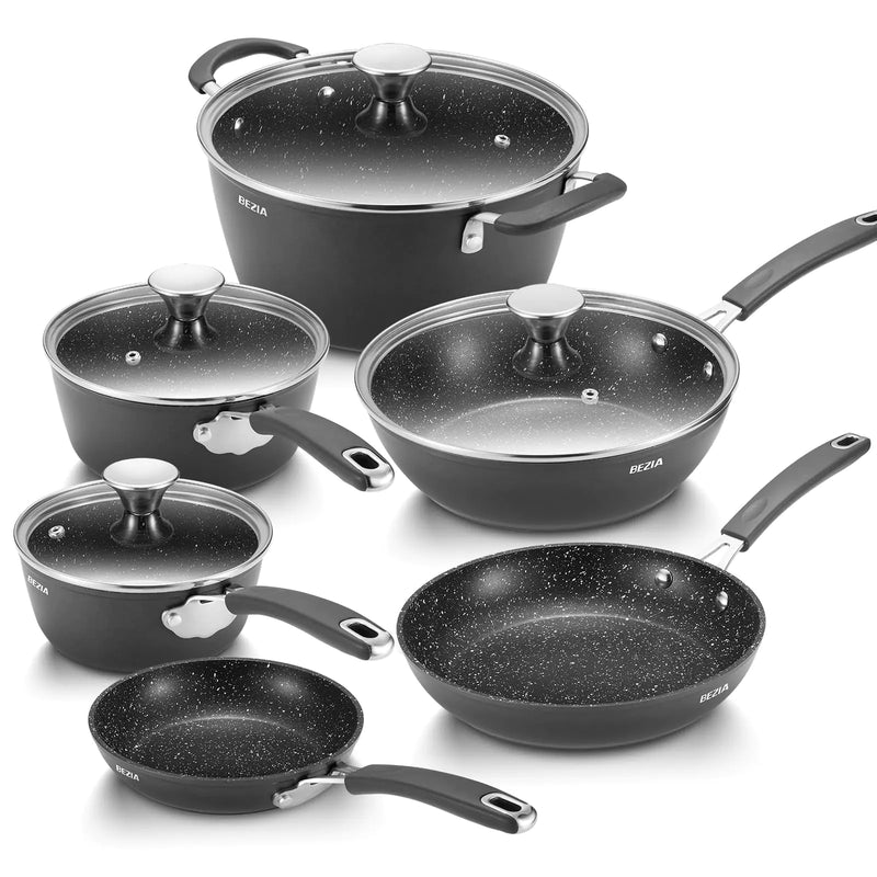 BEZIA Induction Pots and Pans Set Non-Stick Induction Cookware Sets 10-PCS Anti-Scald Handles＆Lids Oven-Proof Frying Pans Sautépan Saucepans and Pot for Kitchen