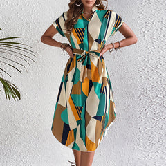 Women's SpringSummer Vacation Style Color Block Series Belt Short Sleeve Dress
