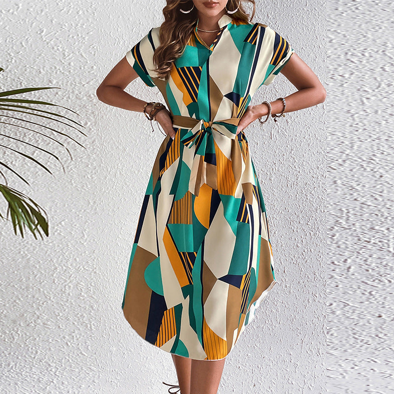 Women's SpringSummer Vacation Style Color Block Series Belt Short Sleeve Dress