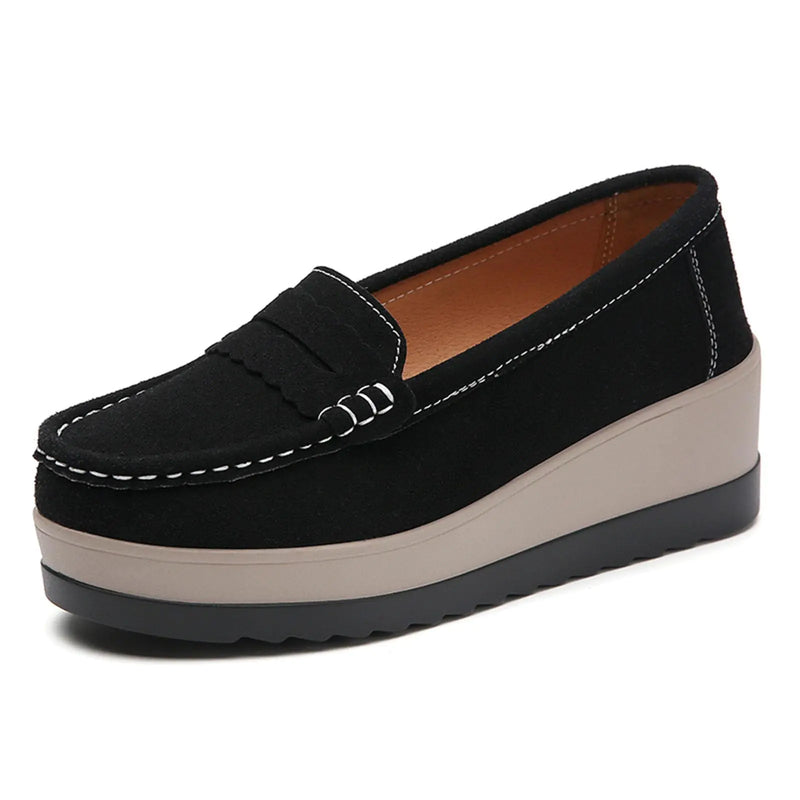 Womens Fashionable Thick Sole Suede Wedge Loafers Comfortable Anti Slip Platform Arch Support Casual Walking Shoes (black5)