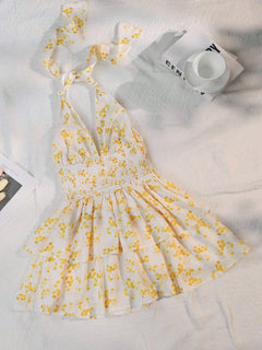 Women's Holiday Floral Flounce Halterneck With Suspenders Backless Dress