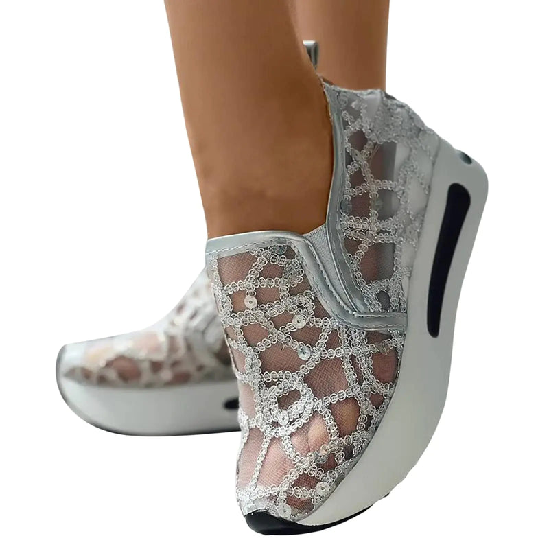Hbeylia Platform Wedge Sneakers for Women Fashion Embroidery Floral Mesh Air Comfort Chunky Sole Hidden High Heels Slip On Loafers Breathable Walking Work Shoes with Arch Support