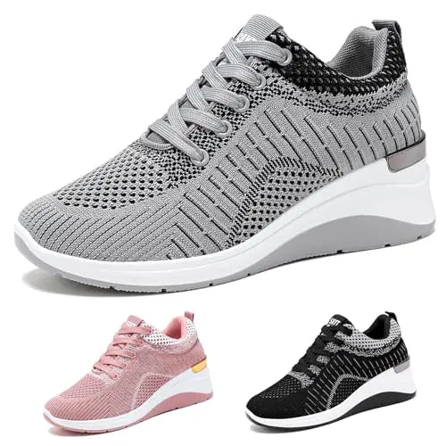 Galonfulty Womens Knitted Mesh Wedge Lace-up Sports Shoes with Arch Support Comfortable Heightened Thick Casual Orthopedic Walking Shoes Outdoor Non-Slip Lightweight Running Tennis Shoes (Grey8)