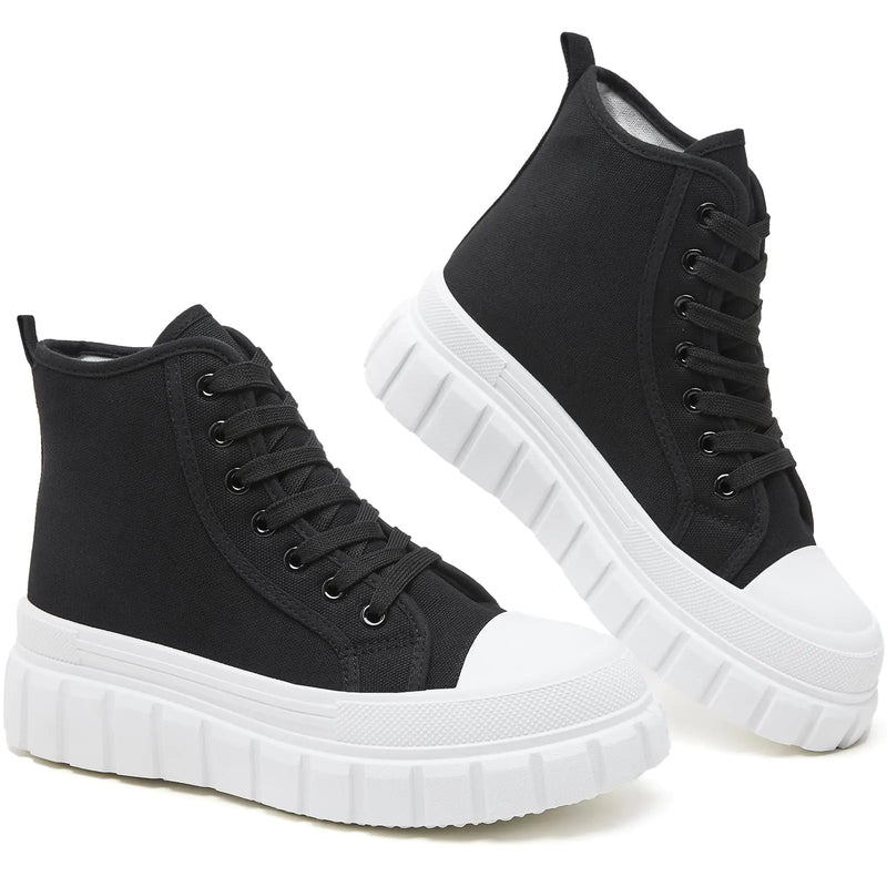 BENPAO Womens High Top Platform Sneakers White Platform Shoes for Women Black Canvas Fashion Sneakers Casual Tennis Shoes for Women(BlackUS6)