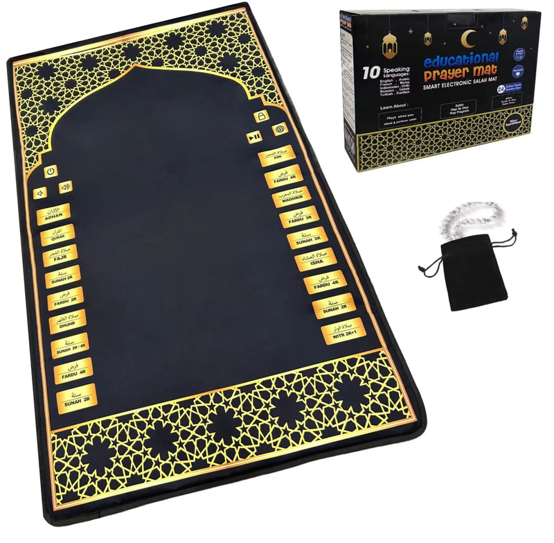 Electronic Prayer Mat - Smart Interactive Prayer Rug for Adults and Kids - Ideal for New Converts and Those Learning or Perfecting Their Prayer - Comes with Islamic Prayer Beads (Black)