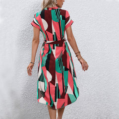 Women's SpringSummer Vacation Style Color Block Series Belt Short Sleeve Dress