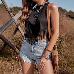 Women's Summer Casual Holiday Tassel Back Lace-up Sleeveless Solid Color Top