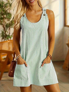 Summer Fashion Striped Patchwork Commuting U-Neck Sleeveless Pockets Back Button Casual Straight Slimming Mini Dress For Women