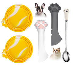 Comtim 5 PCS Pet Food Can Lids & Spoons Set - Silicone Dog Cat Food Can Covers Lids Top/Multi-Function Cat Food Spoon Spatula Can Opener for Wet Food/Long Handle Spoon Easy to Scoop Food