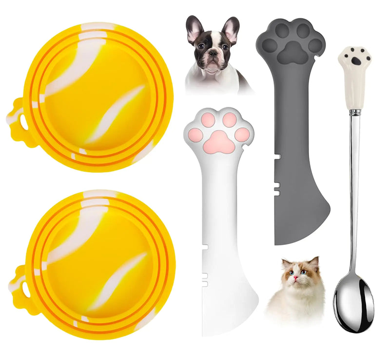 Comtim 5 PCS Pet Food Can Lids & Spoons Set - Silicone Dog Cat Food Can Covers Lids Top/Multi-Function Cat Food Spoon Spatula Can Opener for Wet Food/Long Handle Spoon Easy to Scoop Food