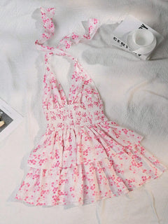 Women's Holiday Floral Flounce Halterneck With Suspenders Backless Dress