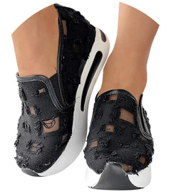 Womenyiaor Platform Wedge Sneakers for Women Dressy Womens Fashion Sneakers 2024 Floral Embroidery Breathable Sheer Mesh High Heel Slip on Sneakers Casual Comfortable Walking Shoes D-Black