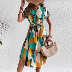 Women's SpringSummer Vacation Style Color Block Series Belt Short Sleeve Dress