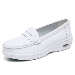 NVBUKE Womens Air-Cushion Orthopedic Slip-On Nurse Shoes Fashion Round-Toe Wedge Heel Thick-Soled Comfortable Arch Support Walking Loafers (White7)
