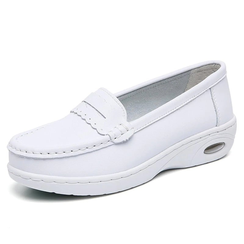 NVBUKE Womens Air-Cushion Orthopedic Slip-On Nurse Shoes Fashion Round-Toe Wedge Heel Thick-Soled Comfortable Arch Support Walking Loafers (White7)