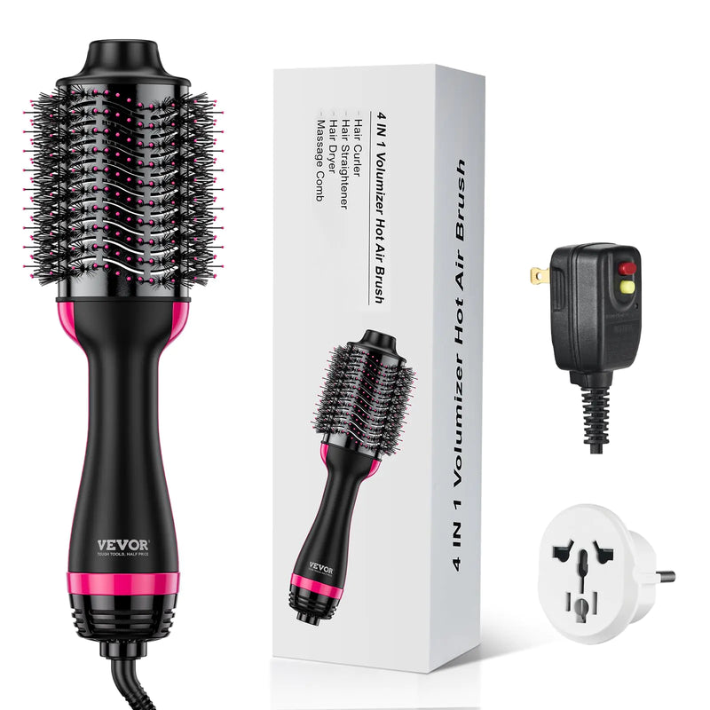 VEVOR Dual Voltage Hair Dryer Brush 110V/240V Hair Dryer and Styler Volumizer with Negative Ion Ceramic Titanium Barrel 75MM Oval Shape Less Frizz & Heat Damage Hot Air Brush for European Travel