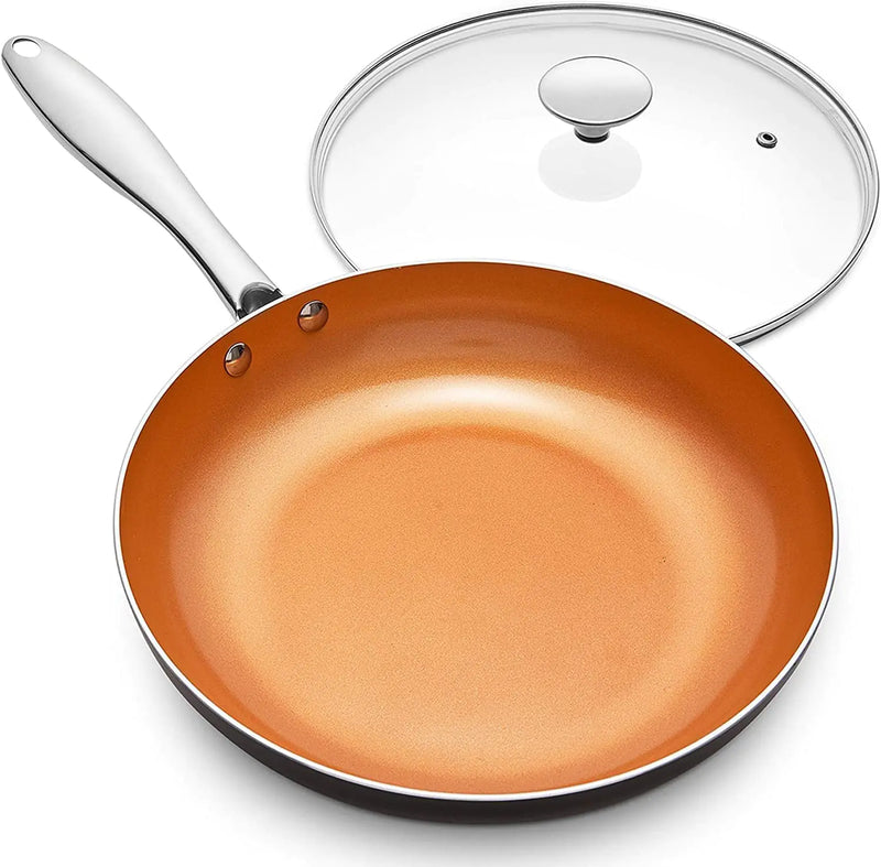 MICHELANGELO 12 Inch Frying Pan with Lid Nonstick Copper Frying Pan with Ceramic Interior Nonstick Frying Pans Nonstick Skillet with Lid Large Copper Pans Nonstick Induction Compatible
