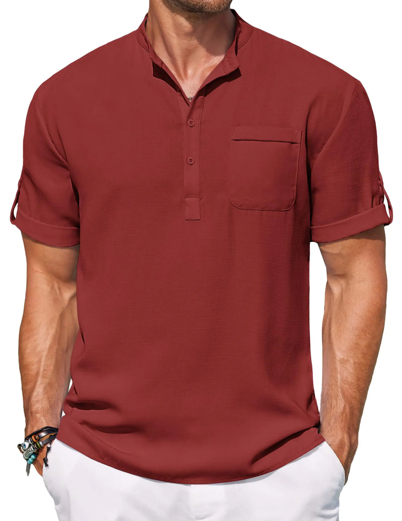 COOFANDY Mens Casual Shirts Band Collar Heley Shirt Short Sleeeve Fashion Linen T Shirt Lightweight Beach Wear Clothing Red
